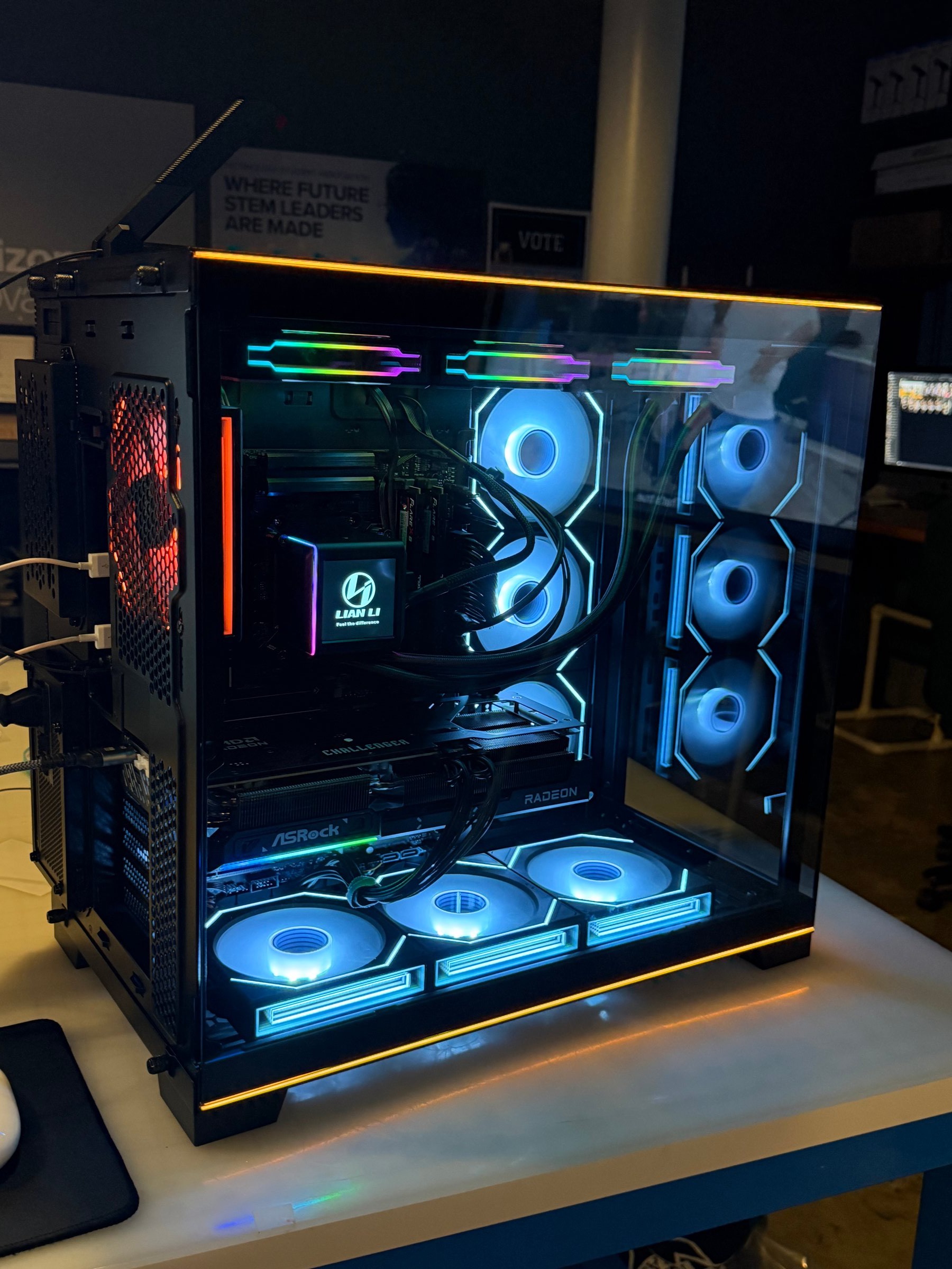 Black glass PC build with white fans and RGB lighting