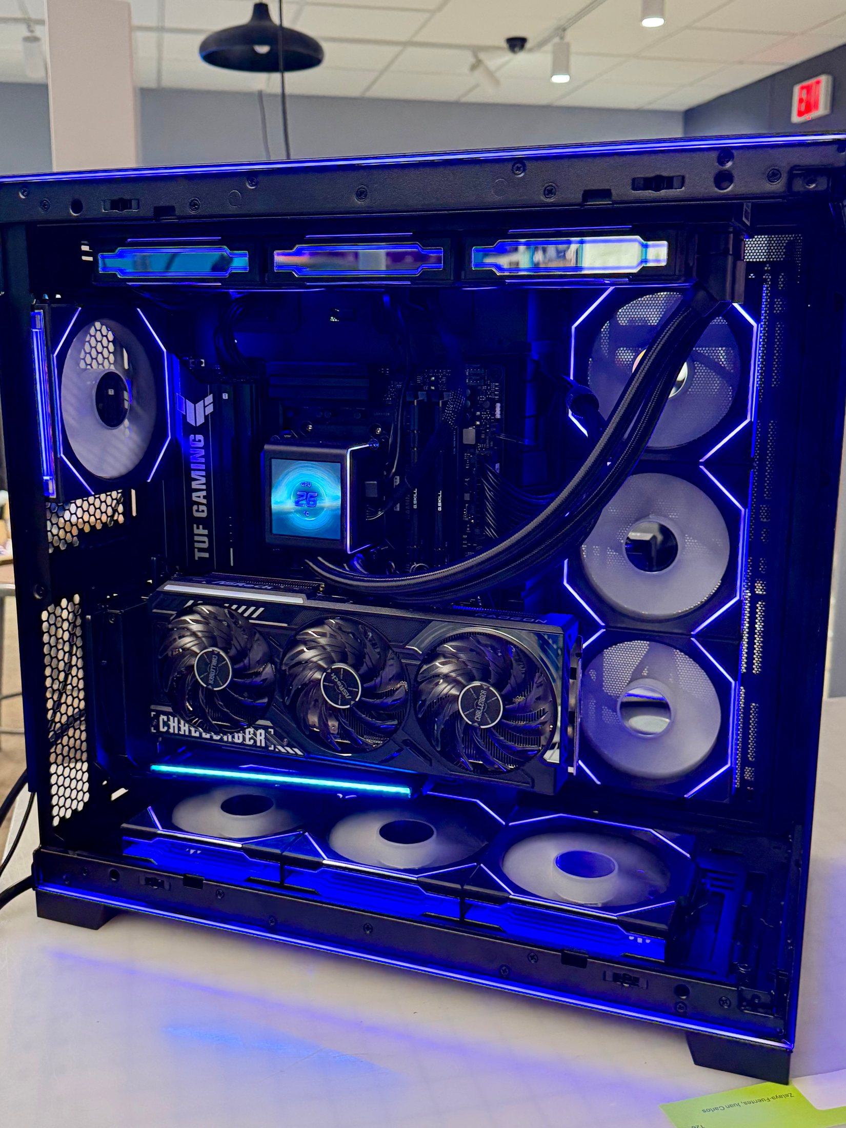 Black and blue performance PC interior with liquid cooling